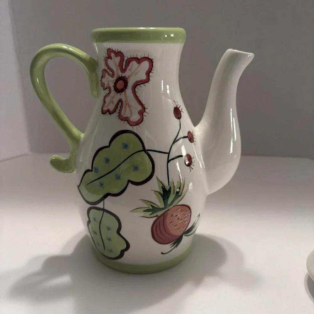 Jay Companies Gypsy Floral Ceramic Teapot White Green Coral Hand Painted